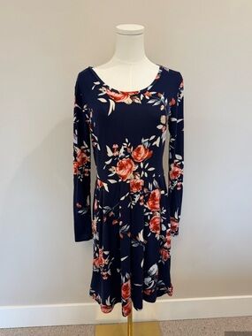 Navy Floral Long-Sleeve Swing Dress
